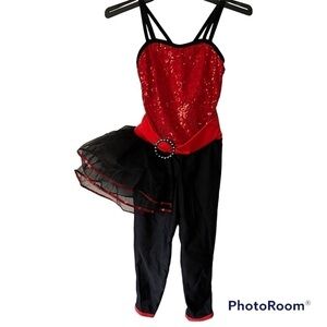 Revolution Dancewear "Lose Yourself to Dance" costume red & black sequins, MC.